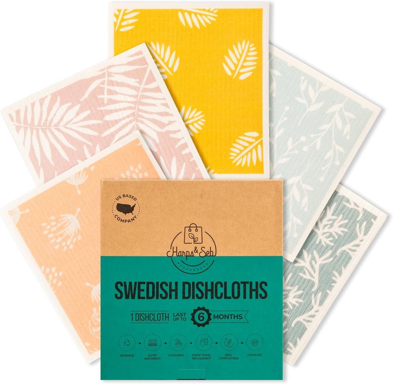 Harps&Seb Swedish Dishcloths for Kitchen Dish Towels - 5 Pack, Non-Scratch Reusable Paper Towels, Super Absorbent Washable Swedish Dish Cloths, No Odor, Biodegradable, Leaf Design - Image 1